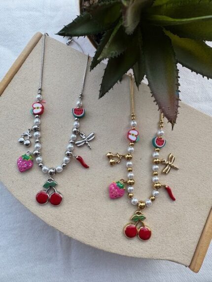 Ατσάλινο κολιέ με πέρλες και κεράσια